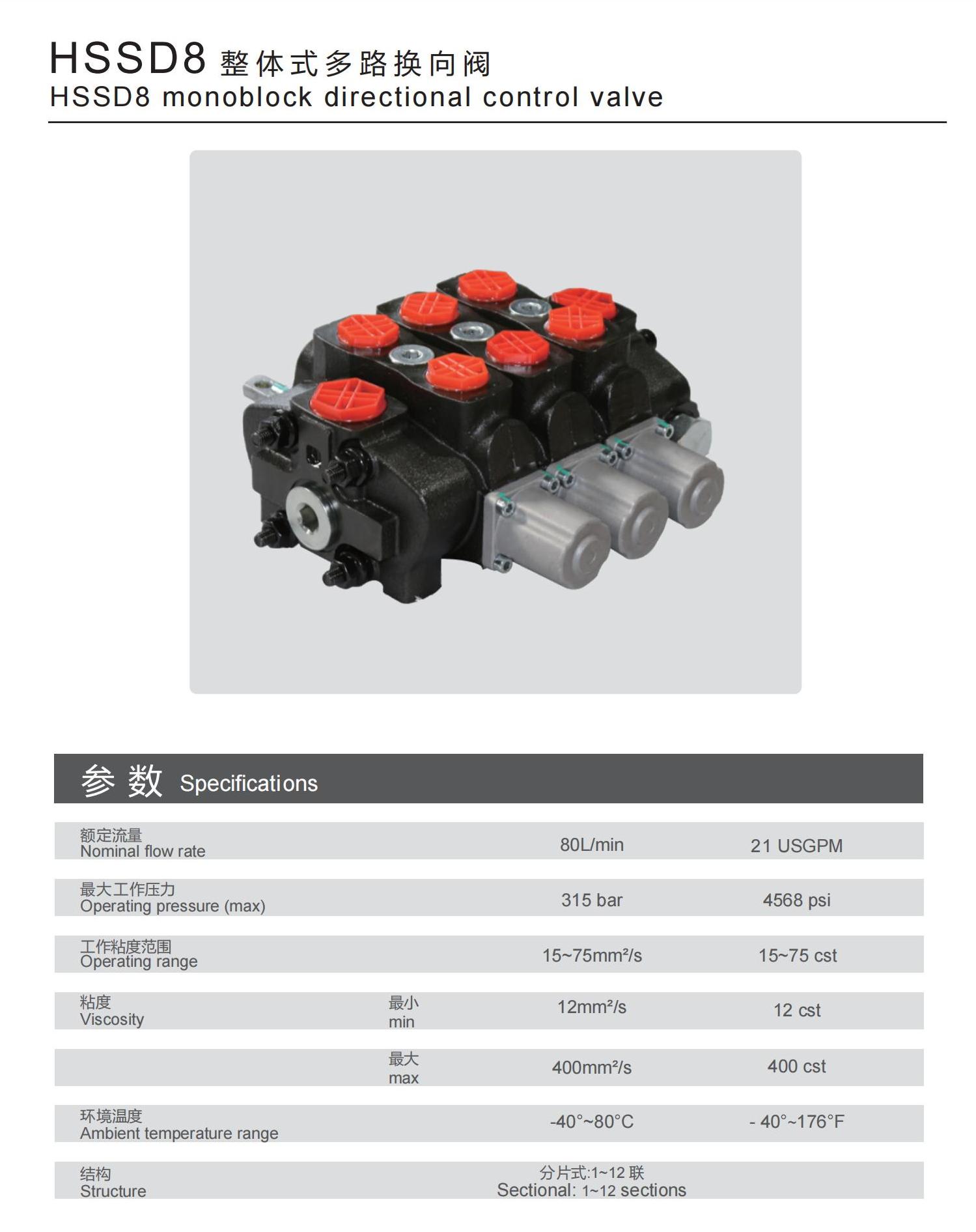 Walvoil SD8 80 L/min 1~12 sections directional control valve